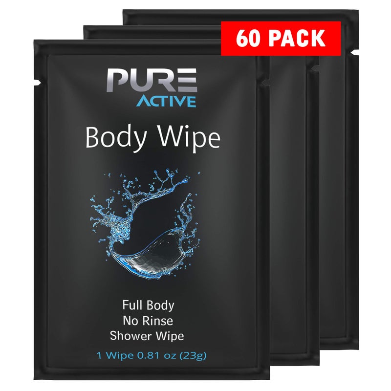 Pure Active Shower Body Wipes, 60 Individually Wrapped Personal Hygiene Body Wipes for Women and Men, Keep Clean After Gym Travel Camping Outdoors Sports - Image 1